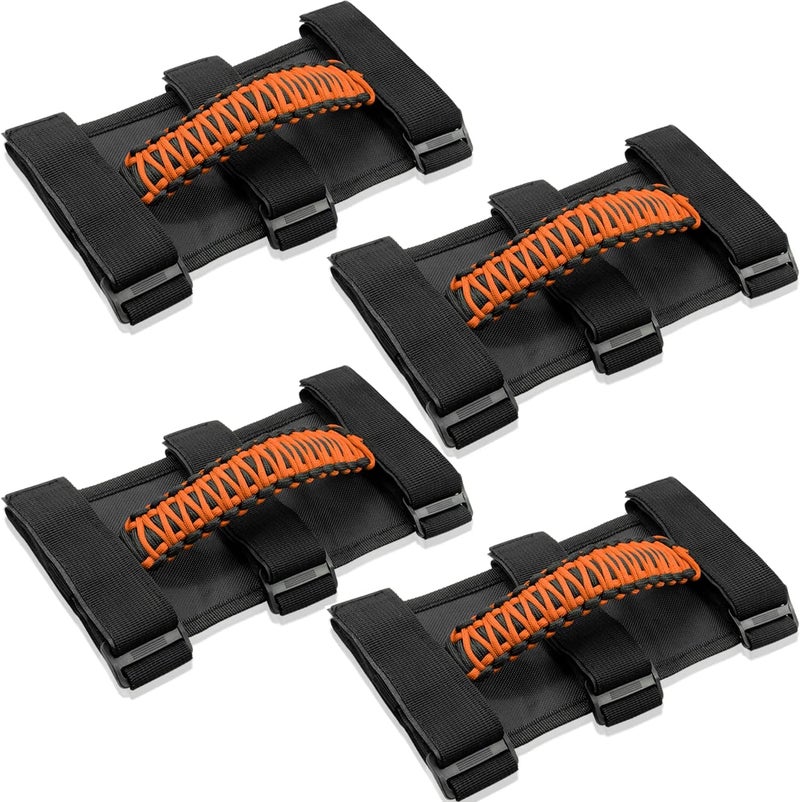 Kujunpao 4 X Roll Bar Grab Handles Grip Handle Compatible with Jeep Wrangler JLU JK JKU TJ YJ LJ JT JL & Gladiator JT 1987-2021 UTV & ATV, Fits 1.5 to 3 Inch Bars 3 Straps Woven Holder(Orange - Image 1